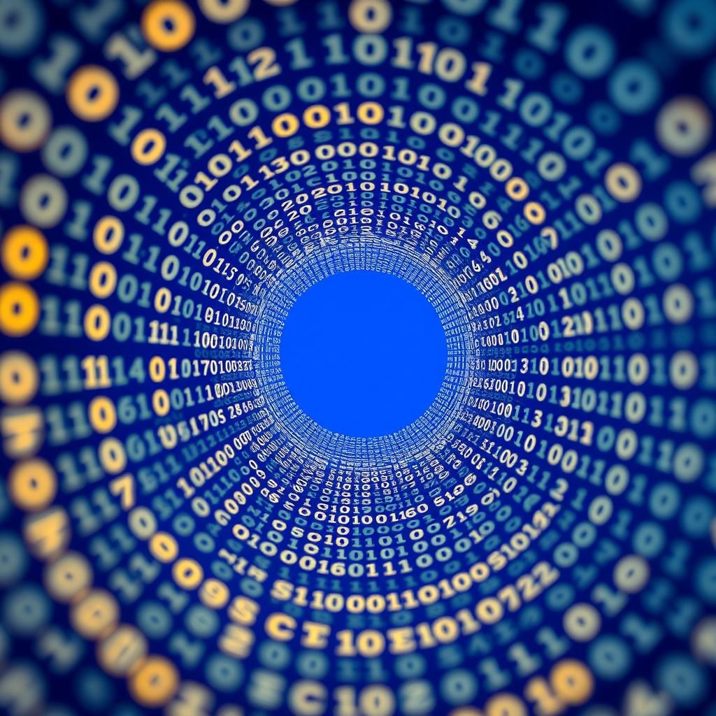 Create an abstract image of a swirling tunnel made of binary code on a blue background, captured with a DSLR camera using a 24mm lens, aperture set to f/5.6, ISO 200, at a wide-angle view for depth, utilizing a high dynamic range style for enhanced color and detail.