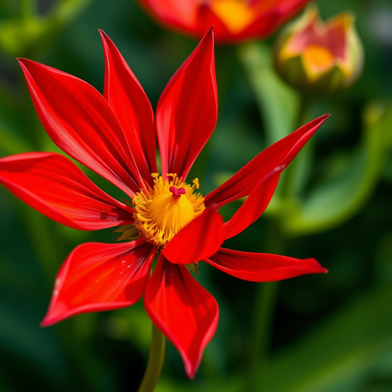 Create a vivid illustration of a red flower with pointed petals and a yellow center, using a digital painting style, with a high resolution of 300 DPI, a camera view focusing on the flower at a 45-degree angle, using a macro lens to highlight the details, and ensure vibrant colors and sharp contrasts.