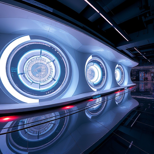 Modern futuristic abstract design with circular patterns, high contrast, glowing elements, reflective water surface, captured with a DSLR camera at f/8 aperture, ISO 100, 24mm lens, panoramic view, and HDR style.