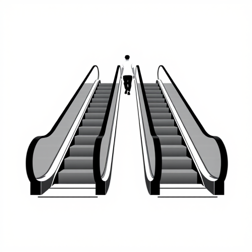 Create a minimalistic vector image of an escalator with a person ascending, using Adobe Illustrator, with a clean white background, high contrast black and white colors, and sharp lines, ensuring a modern design aesthetic.