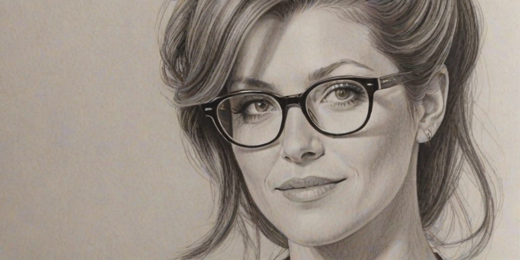 Charming Kate Walsh, pencil sketch, portrait of Magnificent woman 1976s in glasses, hair style beatnik, outline, clear lines, fine lines, 8k