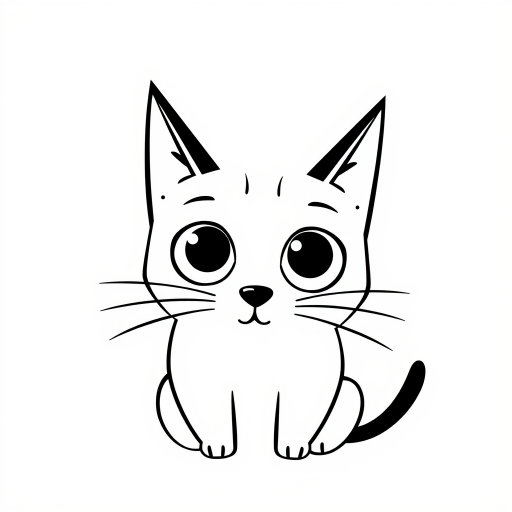 Create a black and white minimalist illustration of a cat. The cat should have large, round eyes and a simplistic, cartoonish style. Its ears should be tall and pointed, and its whiskers should be simple lines extending from its face. The background should be plain white to emphasize the cat's silhouette.