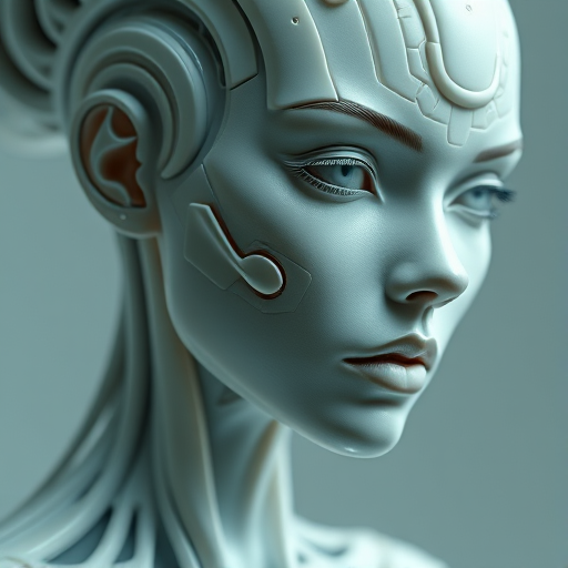 Create a hyper-realistic digital sculpture of a futuristic female figure with intricate details, neutral lighting, close-up shot, 85mm lens, f/1.4 aperture, ISO 100, using a DSLR camera.