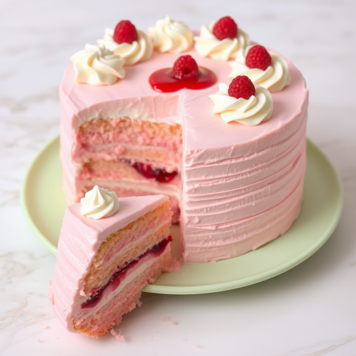 Create an image of a beautifully decorated pink cake with cream frosting and raspberry filling. The cake should have a fluffy texture and be topped with swirls of whipped cream and small dollops of raspberry sauce. It is placed on a pastel green plate and a slice has been removed to show the layers inside. The background should be a light marble surface.