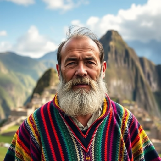 portrait of a man with a beard wearing a colorful poncho in front of Machu Picchu mountains, soft natural light, f/2.8 aperture, 50mm lens, ISO 100, DSLR camera, shallow depth of field, vibrant colors