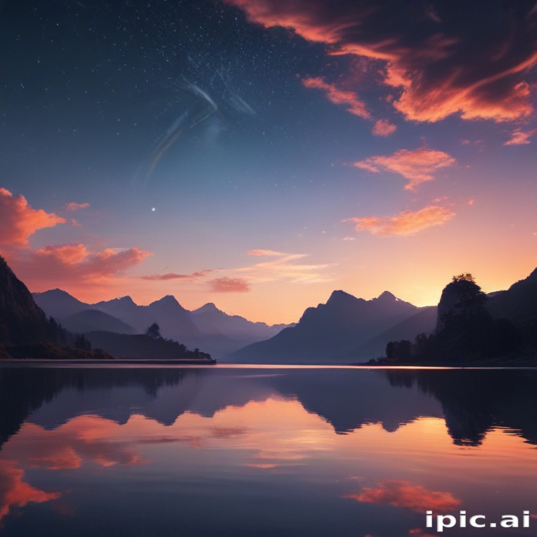 Serene Twilight Over Still Waters with Majestic Mountains and Stars