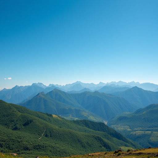 Generate a high-resolution landscape image of a mountain range under a clear blue sky with lush green valleys in the foreground, shot with a DSLR camera at f/8, ISO 100, shutter speed 1/200s, using a wide-angle lens from a high viewpoint.