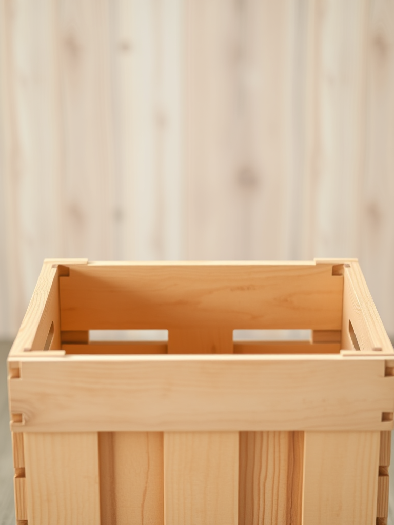 A wooden crate with a visible top perspective and natural wooden texture, captured using a DSLR camera with a 50mm lens at f/2.8, ISO 100, and a soft-focus background for enhanced depth; lighting should be soft and natural to highlight the grain of the wood.