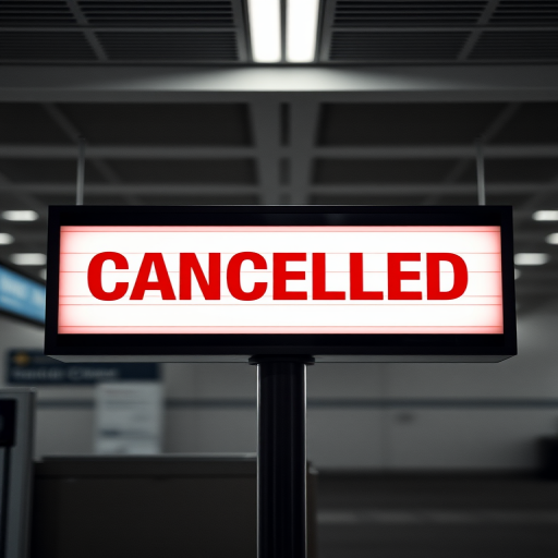 Design a digital display of a cancelled flight sign in high contrast, using a DSLR camera with a 50mm lens, aperture f/1.8, ISO 200, shot from a frontal view to emphasize clarity and detail.