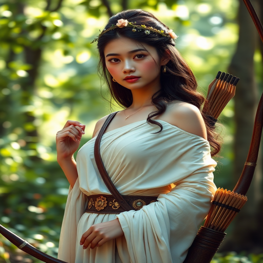 Create a portrait of a goddess-like Indonesian girl figure in a tranquil, forested environment. She has an elegant appearance with long, wavy hair styled in an updo and adorned with a delicate, floral headband. She wears a flowing, ancient Greek-inspired gown in a soft, pale color, featuring a one-shoulder design and draped fabric that accentuates her graceful form. The outfit includes a decorative belt with ornate gold detailing, and she holds a bow in her hand, with a quiver of arrows slung over her shoulder. The background depicts lush greenery, with sunlight filtering through the trees, casting a gentle, ethereal light on the scene. Her expression is calm and contemplative, embodying a sense of wisdom and serenity.
