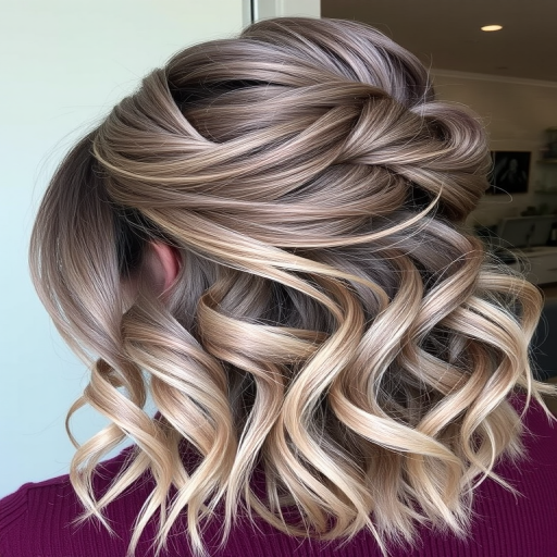 Smoky quartz ombre hair styled in a voluminous half-up bouffant, Misty Mountain style, blending ash brown and cool gray tones for an ethereal, dreamy appearance
