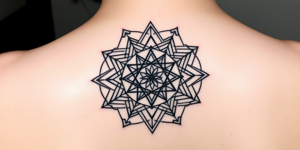 Minimalist blackwork geometric tattoo called "Sacred Symmetry" composed of intricate intersecting lines and shapes forming a mandala-like pattern with perfect balance and precision stark black ink creates bold contrast against pale skin sacred geometry symbols subtly integrated throughout the design conveying deep spiritual meaning