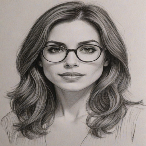 Captivating Carly Pope, pencil sketch, portrait of Magnificent woman 1979s in glasses, hair style beatnik, outline, clear lines, fine lines, 8k
