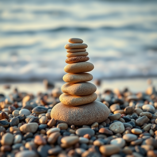 Create an image of a balanced stack of smooth pebbles on a beach with gentle waves in the background during sunset, shot with a DSLR camera using a 50mm lens, aperture f/2.8, ISO 100, and a shallow depth of field for enhanced clarity and soft bokeh.