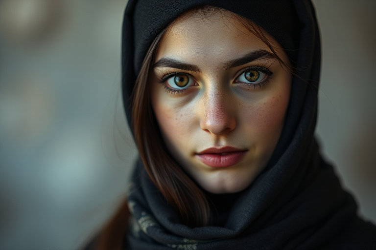 Create a portrait of a young Mizrahi woman with long, dark hair and captivating hazel eyes. She is wearing a black headscarf and a matching scarf draped gracefully around her neck. The background is softly blurred, focusing attention on her serene and natural expression. The overall color palette is muted and warm, enhancing the intimate and authentic feel of the portrait.