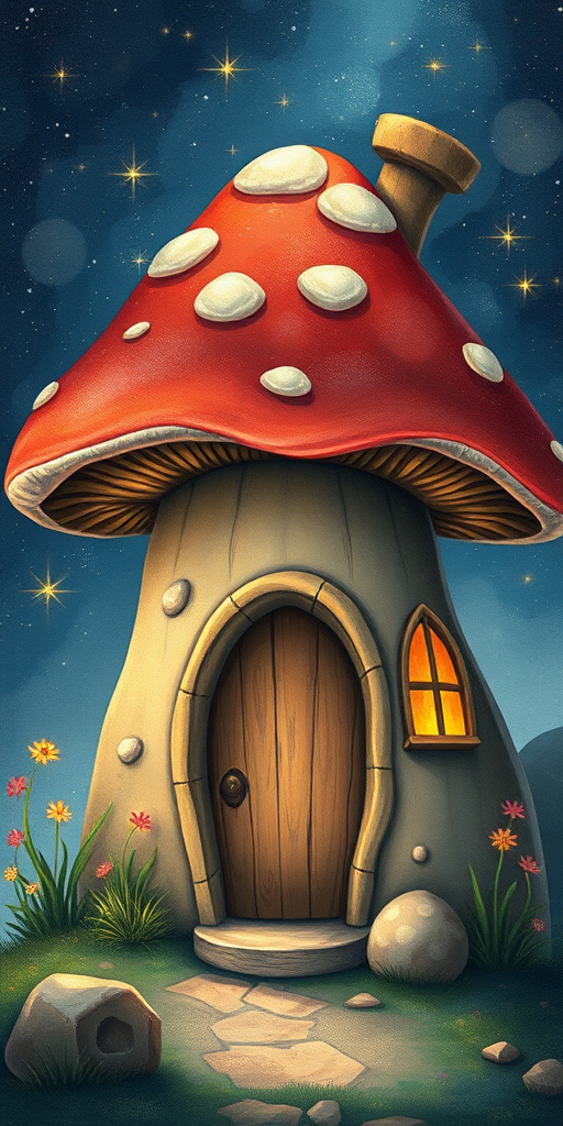 this photo is illustration of a mushroom house with a door and a window, a storybook , fantasy art, mushroom house, bg starry sky, sparkles