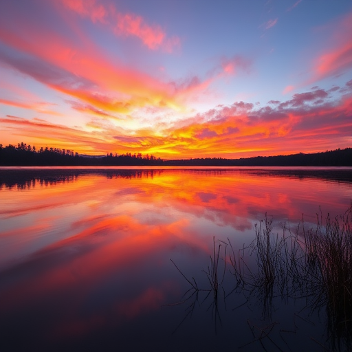 Create a high-resolution image of a serene sunset over a calm lake with vibrant orange and purple skies, using a Canon EOS R5, ISO 100, aperture f/8, shutter speed 1/200s, wide-angle lens at 24mm, shot from a low angle to enhance foreground detail.