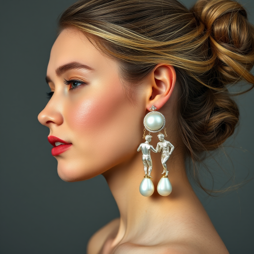 beautiful young lady with hair done up, and an exquisite pair of earings, made from mother of pearl, shimmering, and composed of different men in poses as he climbs up the long earing