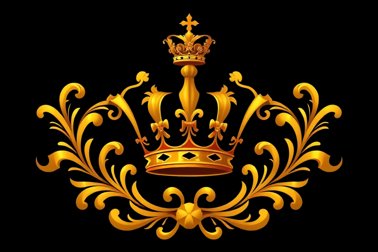 Create a high-resolution digital illustration of decorative golden flourishes with a crown at the center, using a Canon EOS R5 with a 50mm f/1.2 lens, at f/2.8, ISO 100, and a soft focus style on a black background.