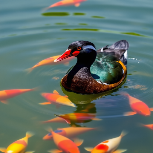 A vibrant scene of a moorhen swimming on calm water with colorful koi fish beneath, captured in bright daylight, using a DSLR camera with a 50mm lens, aperture set to f/4, ISO 200, shutter speed 1/500s, in landscape orientation for sharp detail and vivid colors.