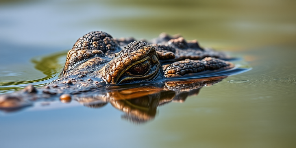 A close-up shot of a crocodile's head partially submerged in calm water, capturing intricate details of its scales and eye, taken with a Canon EOS 5D Mark IV, 100mm f/2.8 macro lens, aperture f/7.1, ISO 200, natural lighting, shallow depth of field.