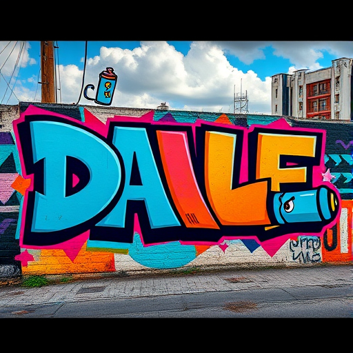 Create a colorful digital graffiti art piece featuring the word "DALE" in bold, angular letters with a spray paint can character, set against a vibrant urban background with clouds; use a Canon EOS 5D Mark IV, 50mm lens, aperture f/1.8, ISO 200, in landscape orientation for high detail and contrast.