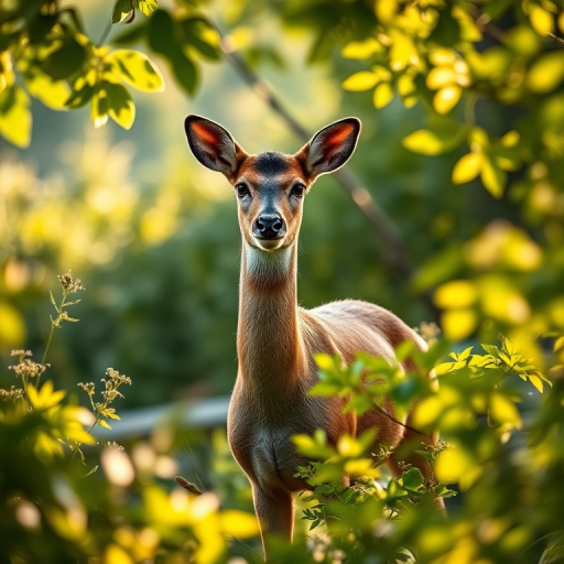 A deer standing amidst lush green foliage in soft morning light, shallow depth of field, ISO 200, f/2.8, 1/250s, 85mm lens, DSLR camera, natural light, focus on the deer with blurred background.