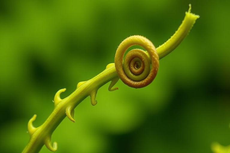Macro shot of a fern frond in early growth stage, focusing on the coiled tips with a blurred green background, aperture f/2.8, ISO 200, shutter speed 1/250s, using a DSLR camera with a 100mm macro lens.