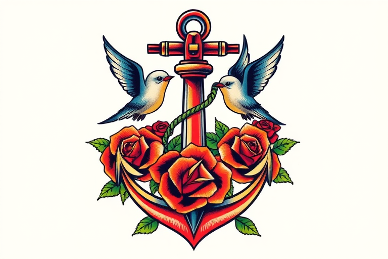 Traditional American tattoo style known as "Sailor's Delight" showcasing bold outlines and bright primary colors featuring a ship's anchor entwined with roses and swallows