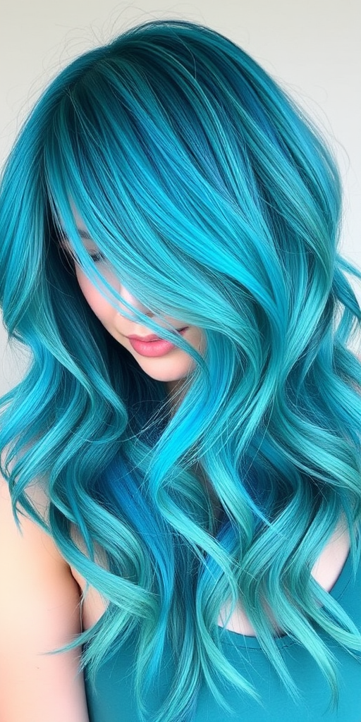 Vibrant teal to turquoise color melt style called "Ocean Reverie" with medium-length choppy layers, multi-dimensional aquatic hues blending seamlessly, textured beachy waves, face-framing pieces in lightest shade