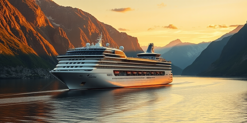 Capture a scenic view of a large cruise ship anchored in a fjord with mountains in the background during golden hour, using a Canon EOS R5, 24mm lens, aperture f/8, ISO 100, shutter speed 1/200s, shot from a low angle to enhance the grandeur of the ship and the landscape.