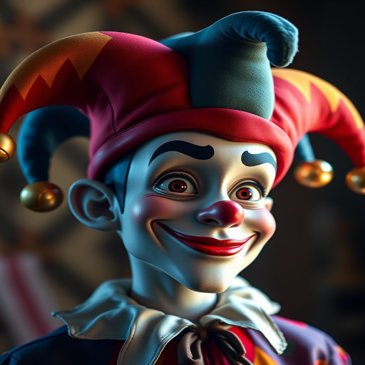 Create a high-resolution digital illustration of a playful jester character with a colorful jester hat featuring bells, using a Canon EOS R5 camera with a 50mm f/1.2 lens, aperture set to f/2.8, ISO 100, and natural lighting, focusing on a portrait view to enhance details and contrast.
