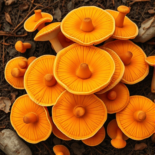 Create a high-resolution illustration of a cluster of large, stylized orange chanterelle mushrooms with detailed lines and shading, using a soft focus effect, from a top-down camera view, with a DSLR camera type, aperture set to f/4 for a shallow depth of field, and ISO 100 for maximum clarity.