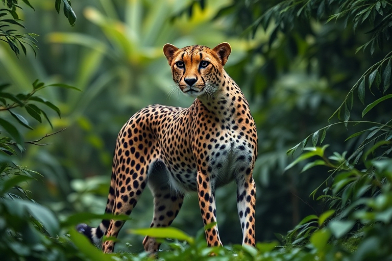 Create a highly detailed image of a standing cheetah in a lush green jungle, soft natural lighting, focus on sharp details of the cheetah's fur and surrounding foliage, wide-angle lens, f/2.8 aperture, ISO 200, 1/100 sec shutter speed, DSLR camera.
