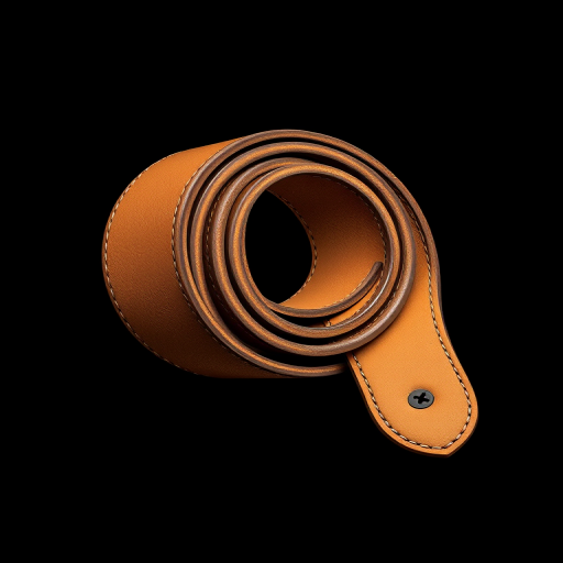 create a highly detailed illustration of a rolled-up leather belt on a black background, using a professional DSLR camera with a 50mm lens at f/1.8, ISO 100, natural lighting, and a slight overhead angle to emphasize texture and detail.