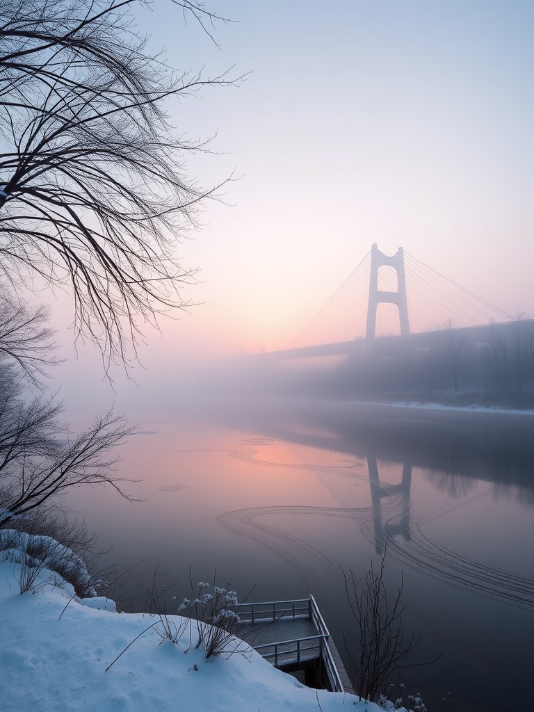 Capture a serene winter scene of a cable-stayed bridge over a misty river at dawn, using a DSLR camera, 50mm lens, f/8 aperture, ISO 100, and a shutter speed of 1/125 sec, with a wide-angle view to include the fog and reflections in the water.