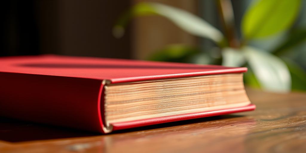 Create a high-resolution image of a closed red book with a slightly curved spine, viewed from a three-quarter angle, using a DSLR camera with a 50mm lens, aperture set to f/1.8, ISO 200, and natural lighting to enhance details and shadows.