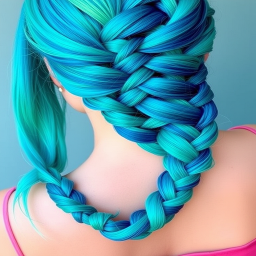 Vibrant teal and turquoise mermaid braid known as "Ocean's Embrace," incorporates intricate fishtail and Dutch braiding techniques, weaving together various shades of blue and green to create a mesmerizing, scale-like effect
