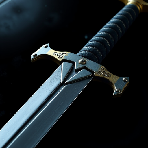 Create a highly detailed illustration of a sword with a sharpened blade and textured grip, using a DSLR camera with a 50mm lens, aperture set to f/1.8 for a shallow depth of field, low light setting to enhance reflections on the blade, captured from a 45-degree angle for dynamic perspective.