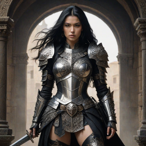Create a photo of a fierce female warrior with long black hair, wearing an ornate, metallic armor. The armor includes a breastplate with intricate designs, shoulder guards, and gauntlets. The breastplate is decorated with a central emblem, possibly representing a mythical symbol, and has a sculpted, form-fitting design. She wears a belt with a large skull ornament at the center, and her armor extends into a partial skirt, revealing one leg. The overall look is both protective and stylish, with a dark, gothic aesthetic. The background is dimly lit, suggesting a medieval or fantasy setting, enhancing the warrior's imposing presence and intense expression.