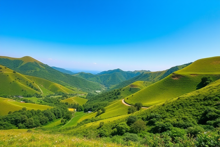 Create a high-resolution image of a serene landscape featuring lush green hills and a clear blue sky, taken with a DSLR camera at f/8 aperture, ISO 100, 24mm lens, in landscape orientation, with soft natural lighting and vibrant colors.
