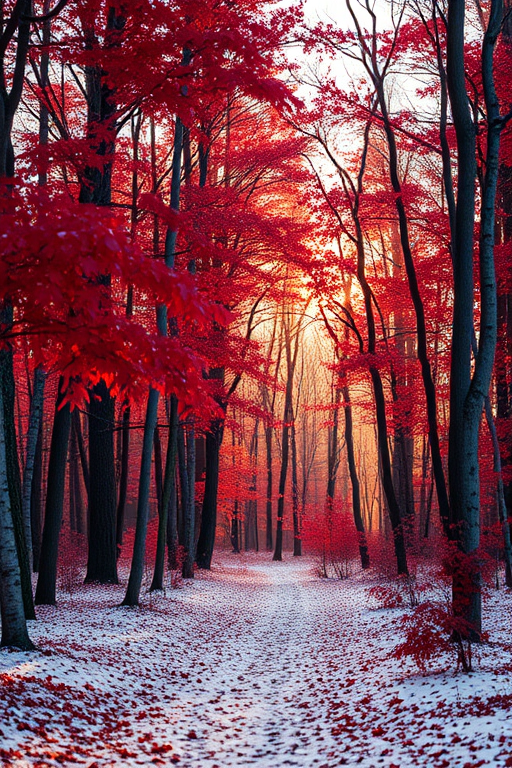 autumn forest with vivid red trees and a snowy ground, soft sunrise lighting, depth of field effect, shot with a Canon EOS R5, 50mm lens, aperture f/1.8, ISO 100, 1/200s, vibrant colors and high contrast