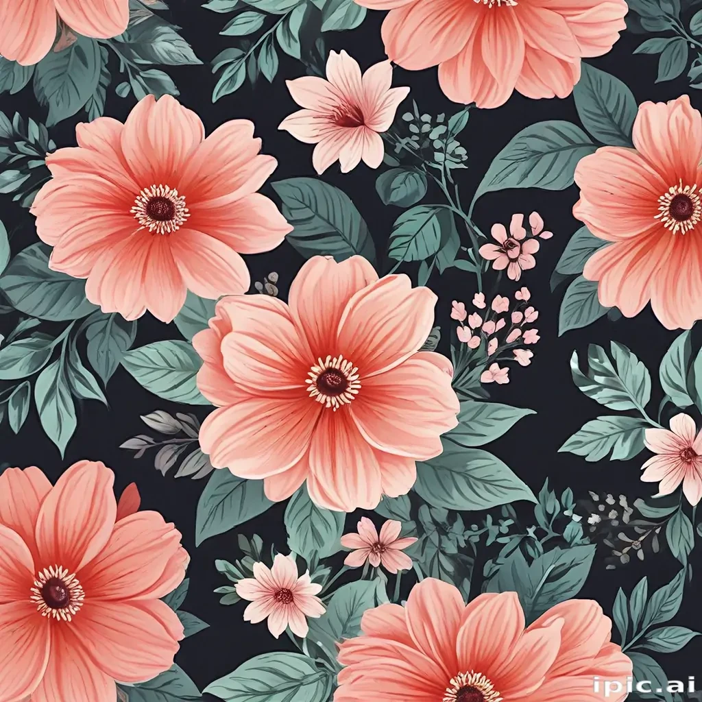 Vibrant Floral Pattern Featuring Coral Flowers Against a Dark Background