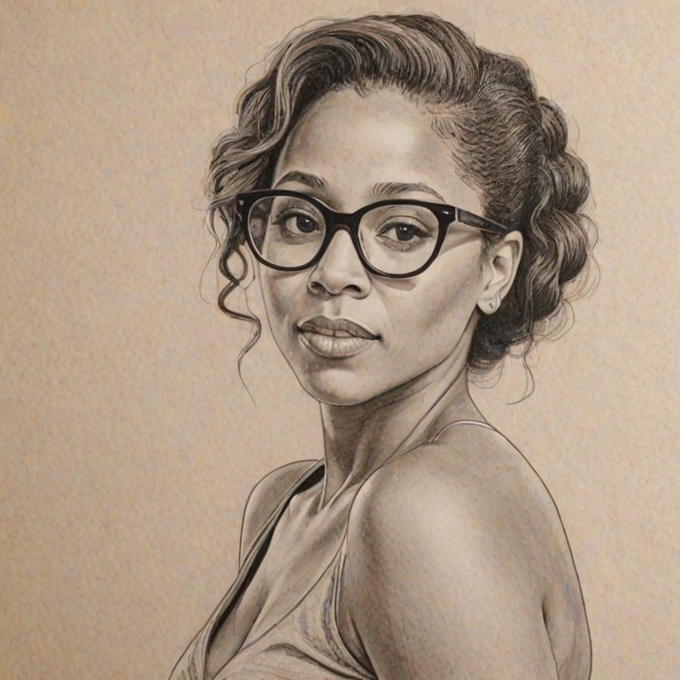 Dazzling Tracie Thoms, pencil sketch, portrait of Appealing woman 1953s in glasses, hair style beatnik, outline, clear lines, fine lines, 8k