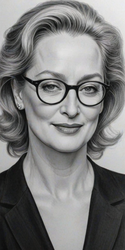 Dazzling Meryl Streep, pencil sketch, portrait of Fetching woman 1935s in glasses, hair style beatnik, outline, clear lines, fine lines, 8k