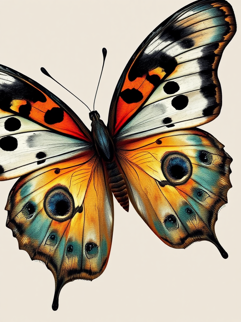 Generate an image of a butterfly with intricate patterns on its wings. The wings should feature a mix of colors including black, orange, white, and teal, with distinct eye spots and detailed textures. The background should be neutral to highlight the butterfly's vibrant colors.