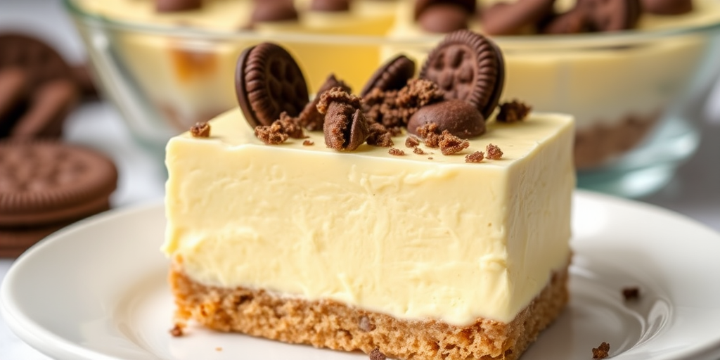 Create an image of a creamy dessert with a graham cracker crust topped with crushed cookies on a white plate. The dessert should have a smooth, pale yellow filling, and the background should show a slightly blurred view of more dessert in a glass dish. The lighting should be bright and inviting, emphasizing the texture of the crust and the creamy filling.
