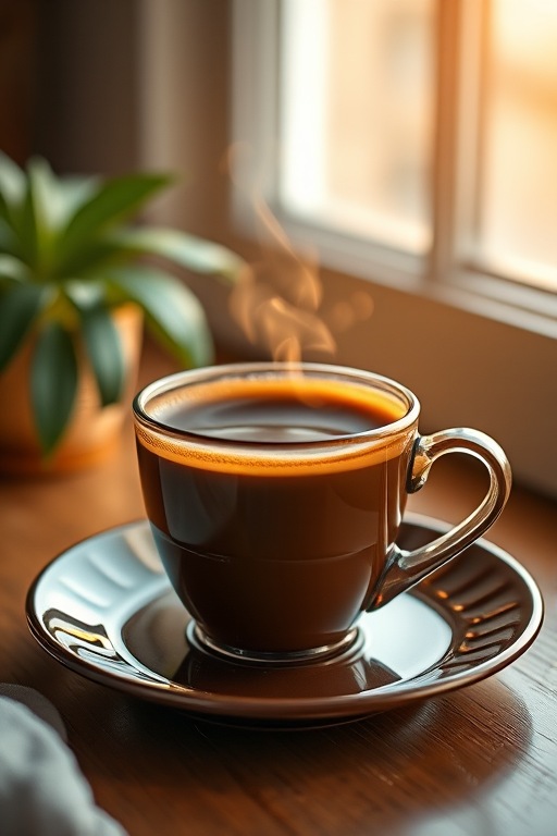 Create a hyper-realistic image of a steaming cup of coffee on a plate, using a DSLR camera with a 50mm lens, aperture set to f/1.8, ISO 200, and natural light from a window for enhanced image quality.