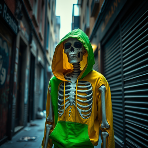 Create an image of a skeleton character wearing a bright green and yellow hoodie in a gritty urban alley, dramatic lighting, shot with a Canon EOS R5, 50mm lens, f/1.8, ISO 100, high dynamic range.