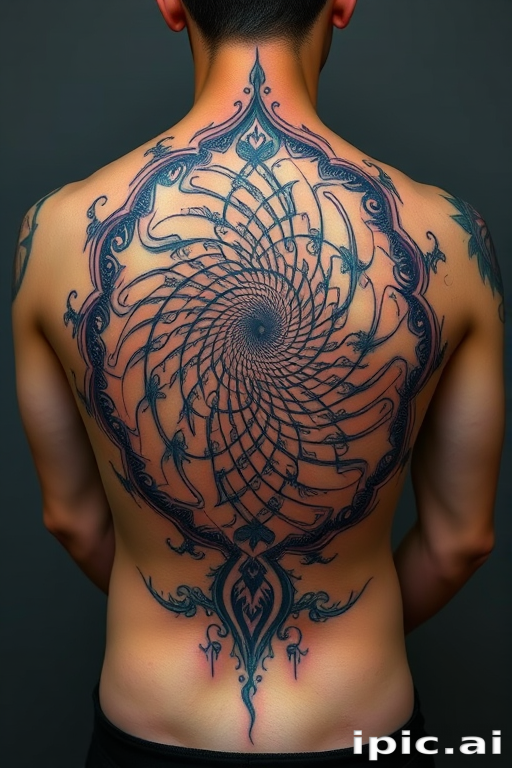 Captivating body tattoo of a spiraling fractal pattern expanding from the center of the back, rendered in holographic ink that shifts colors with movement
